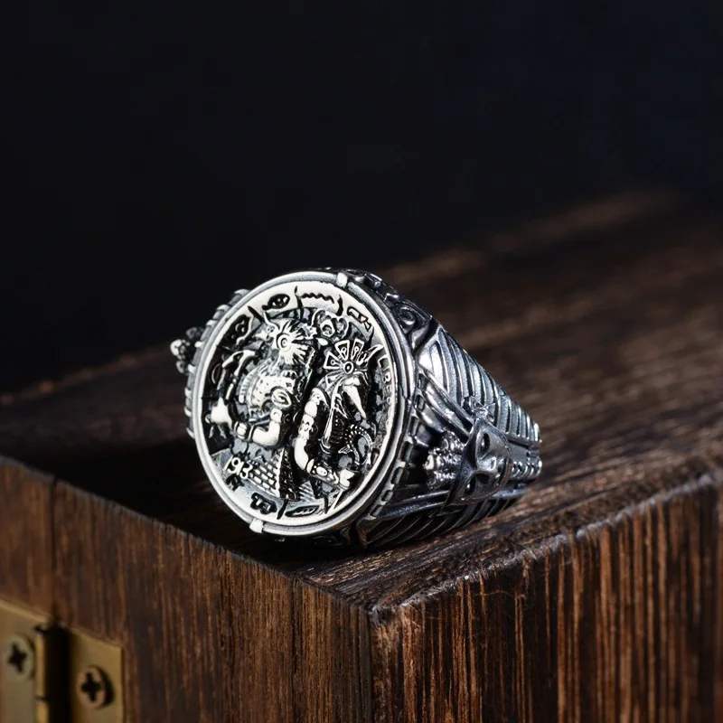 

FNJ 925 Silver Punk Ring New Fashion Egyptian Pharaoh S925 Sterling Thai Silver Rings for Men Jewelry Adjustable Size