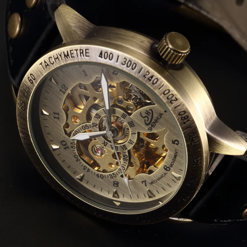 Prix pour SHENHUA Vintage Bronze Hommes Montres Squelette Homme Horloge Bracelet En Cuir Steampunk Casual Montres Automatique Montre Mécanique Prix pour SHENHUA Vintage Bronze Hommes Montres Squelette Homme Horloge Bracelet En Cuir Steampunk Casual Montres Automatique Montre Mécanique