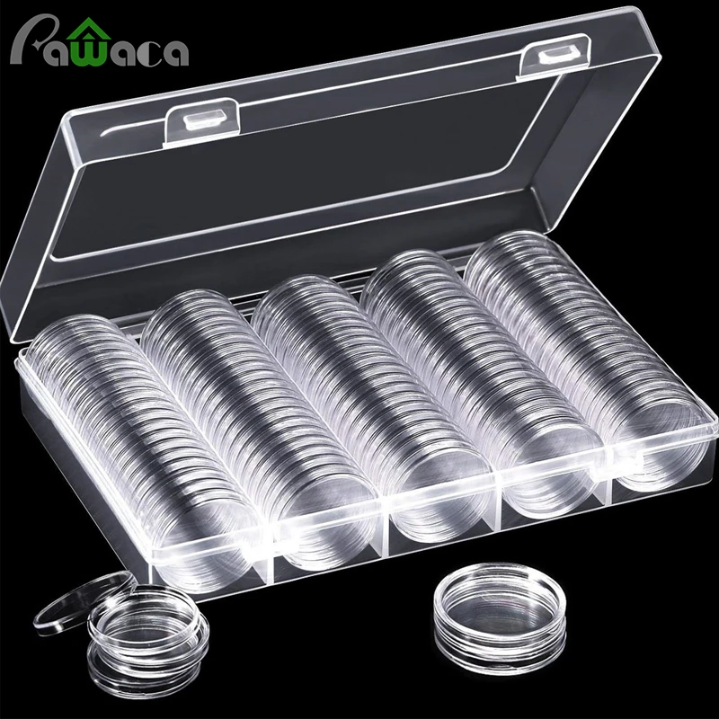 100pcs/lot Coin Capsules Round Plastic Coin Holder Box Case Container With Storage Organizer Box for Coin Collection Supplies