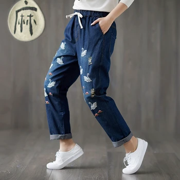 

Vintage Retro Hippie Boho Ethnic Embroidery Swan Jeans Blue Denim Pants Elastic Waist Harem Loose Women Trousers Spring Capris