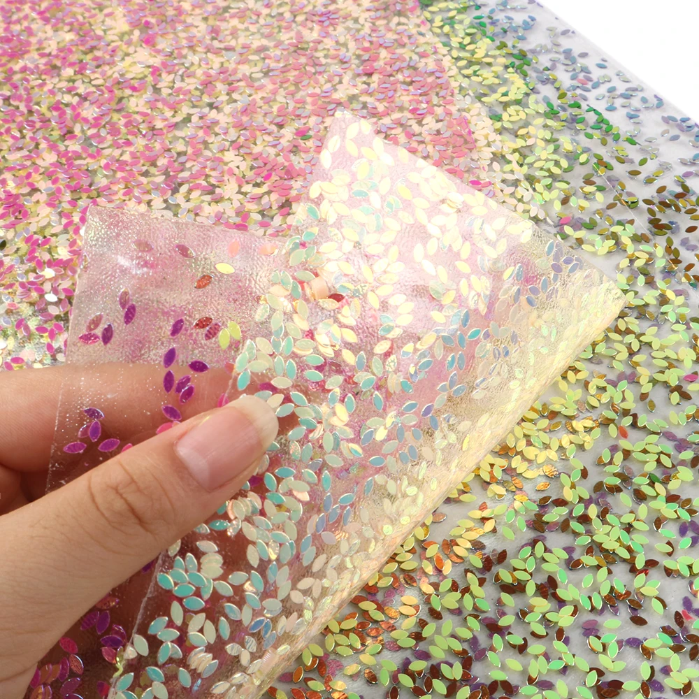 New 20*34cm Transparent with Sequins Faux Synthetic Leather For Bow-knot bags Wallet Scrapbook Phone Case DIY,1Yc6722