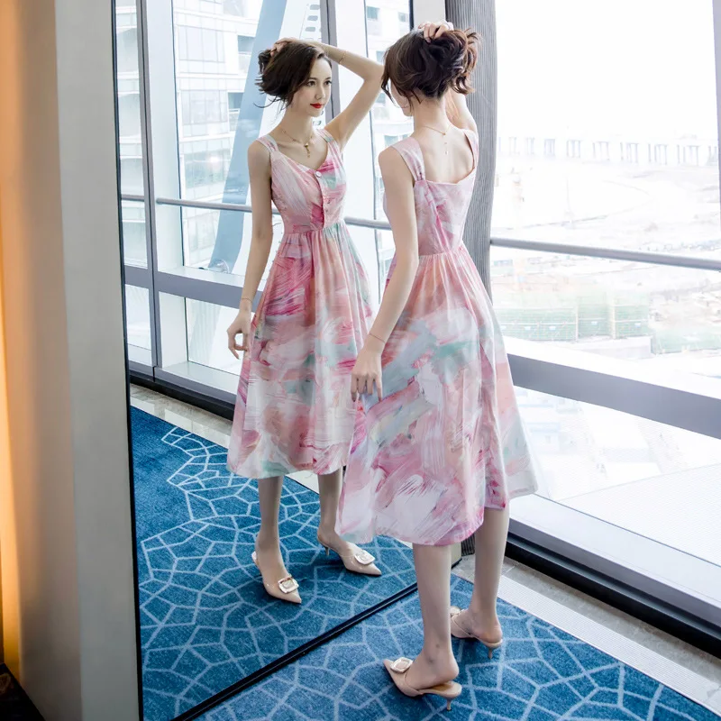 

Plus Size 2019 Summer Loose Casual Midi Dress Print Singer Button Ladies Dresses Women Korean Style Sleeveless Vintage Dresses