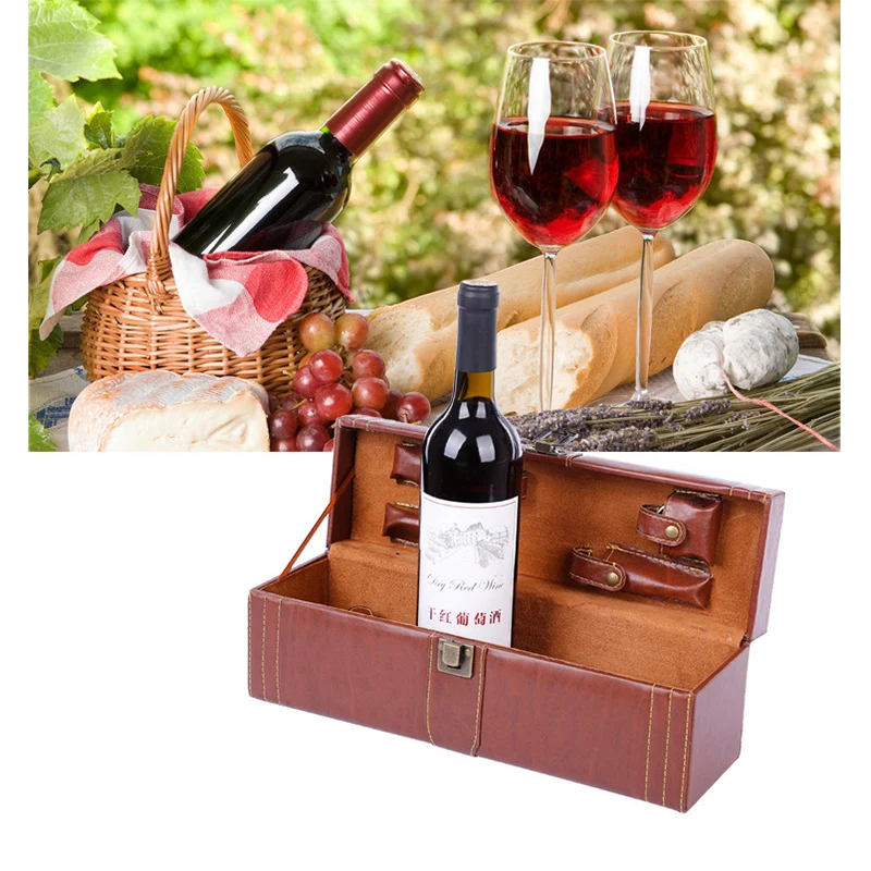 Koop Creatieve Imitatie Woodgrain Wijn Dozen PU Lederen Wijn Houder Handvat Doos Ambachten Ornamenten Home Decor Accessoires Relatiegeschenken
