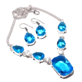 

Blue Topas Necklace + Earings Silver Overlay over Copper, 43.7 cm , N3984