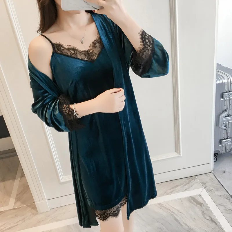 Autumn Winter New Arrival Kimono Bathrobe Gown Women's Velvet Robe Gown Lace Sexy Intimate Lingerie Korean Bathrobe M-XL