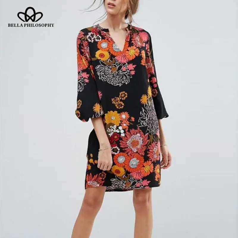 Wonder 2018 spring summer new women vintage long sleeve dress V Neck straight female above knee dress print cotton fashion dress