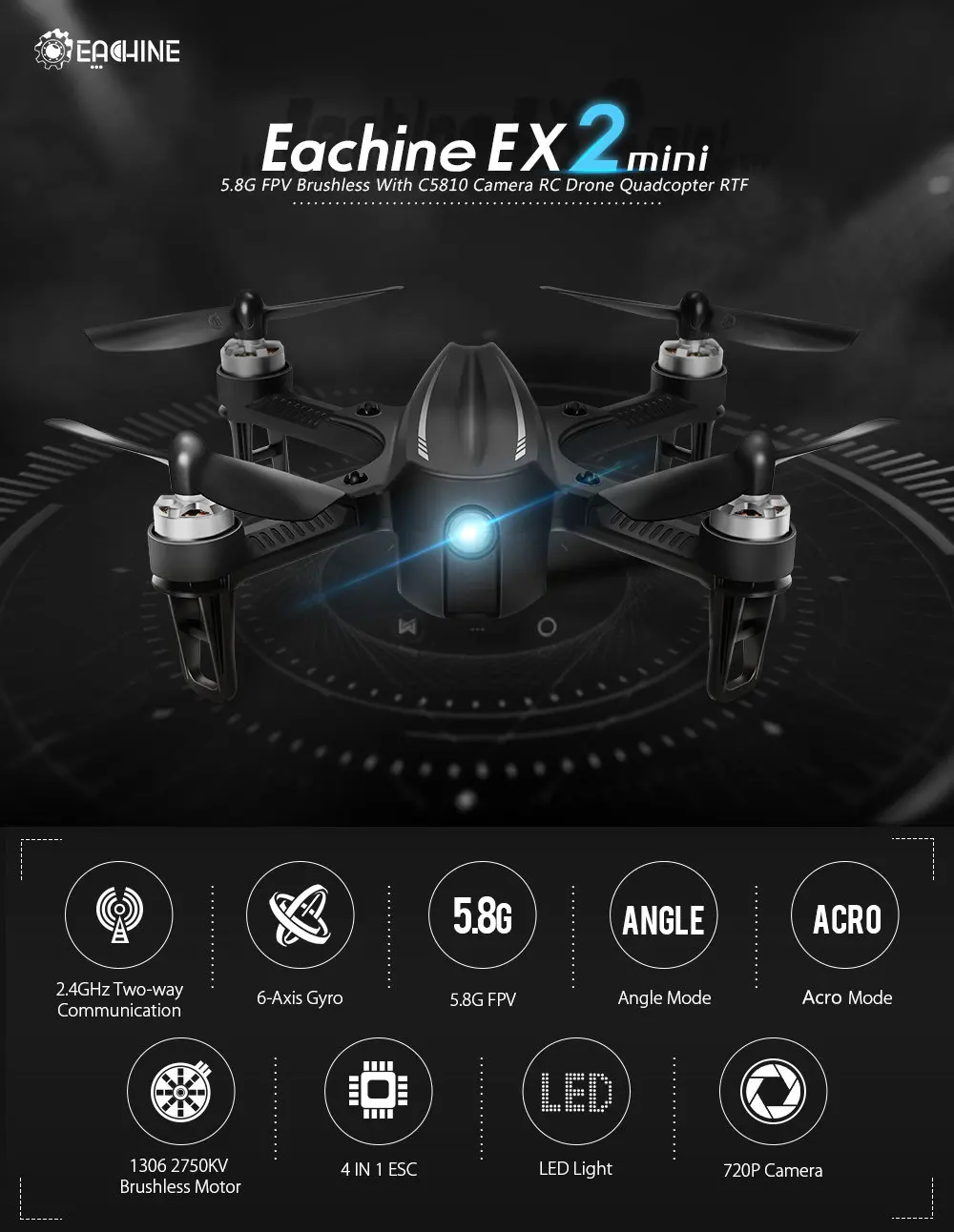 Eachine EX2mini бесщеточный 5,8G FPV камера с режимом угла Acro светодиодный светильник Безголовый режим RC Дрон Квадрокоптер RTF