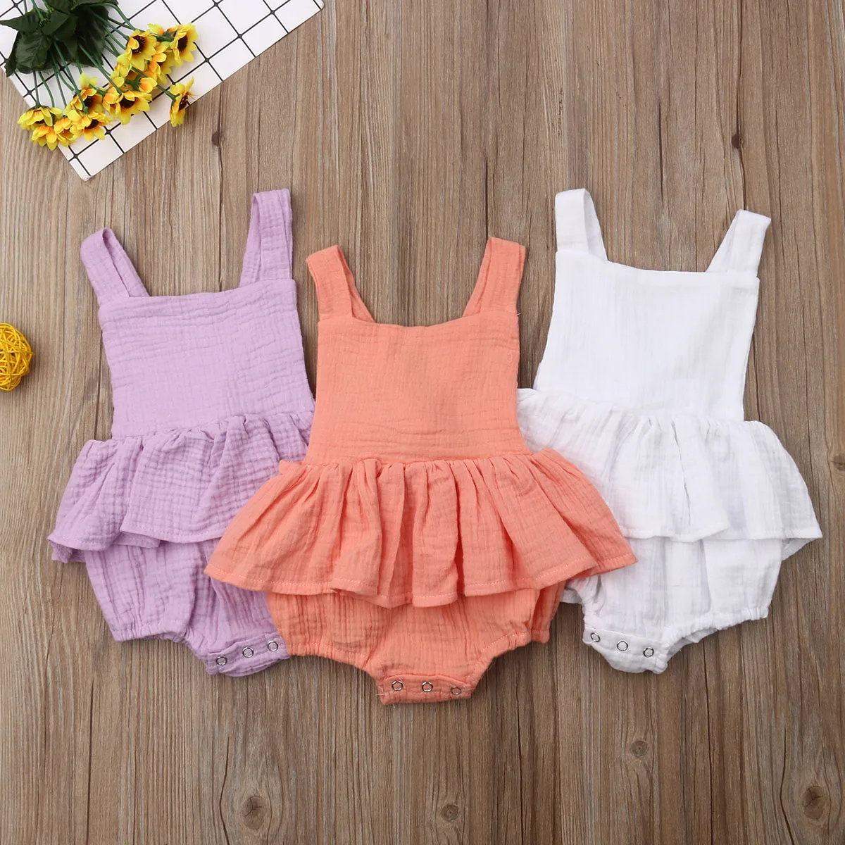 

Newborn Toddler Baby Girls Sleeveless Solid Ruffle Bodysuit Jumpsuit Outfits Sunsuit 0-24M