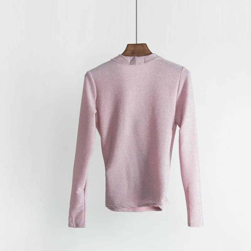 2018 spring new female blouses women's solid color deep V collar long sleeve shiny shirt women shirts