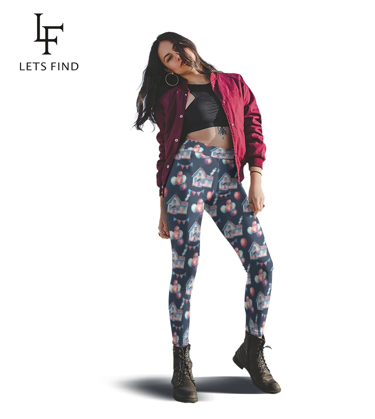 

LETSFIND Workout Leggings Women Polyester High Waist Ankle-Length Pants 3D House and The Balloon Print Slim Pant