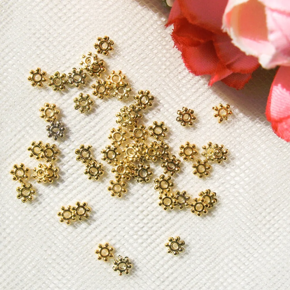 

TOAOB 200pcs Gold Tibetan Silver 4MM 6MM Flower Daisy spacer beads Round Metal Wheel Spacers for Jewelry Making
