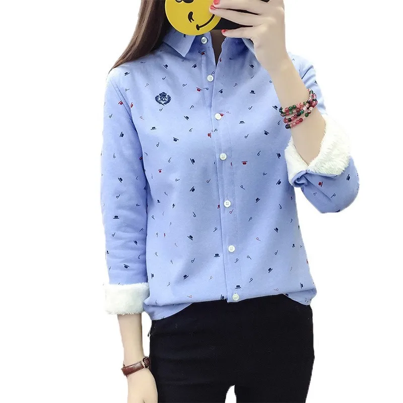 

2019 Korean Autumn Spring Thick Warm Women Tops And Blouse Female Print Casual Long Sleeves Loose Plus Size Shirt Woman QH075