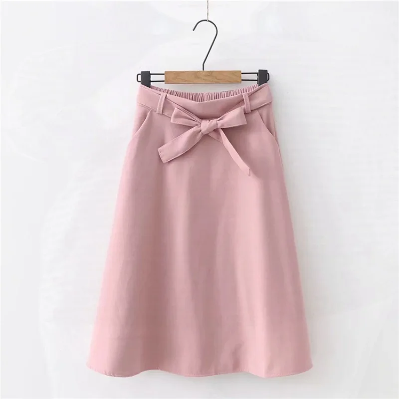 

Elegant Women Skirt High Waist Pleated Knee Length Skirt Vintage A Line Big Bow Skirts