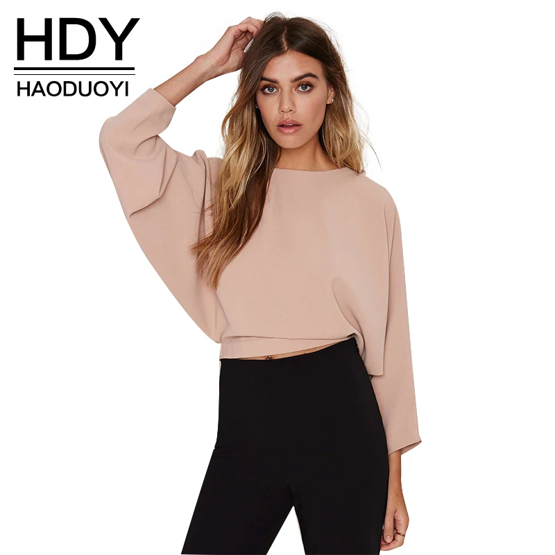 

HDY Haoduoyi Womens Fashion Backless Solid Three Quarter Sleeve Crop Tops Drawstring Buttons Lady T-shirts For Wholesale