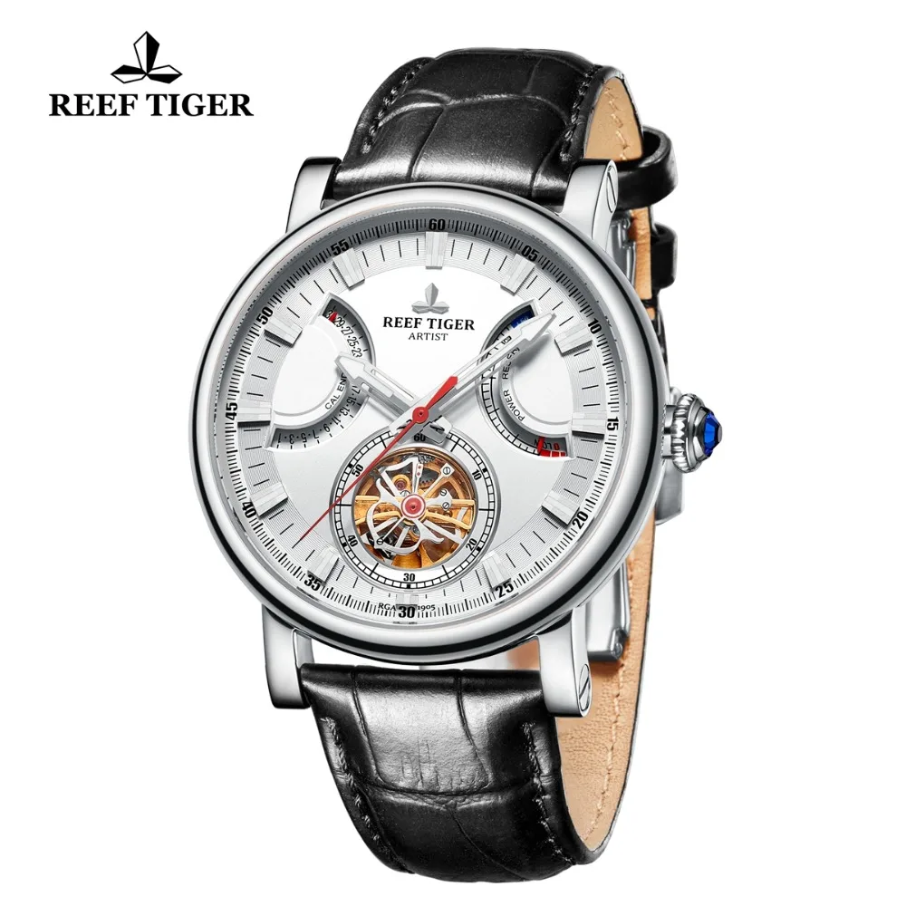 Мужские автоматические часы Reef Tiger/RT однотонные стальные черные с кожаным