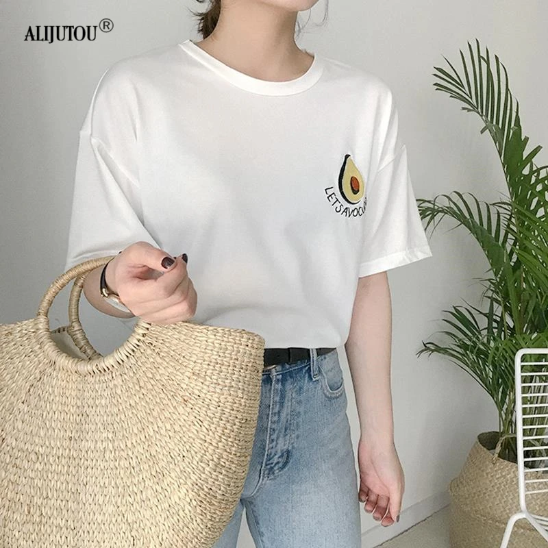 Avocado Embroidery T Shirt Women Cotton Summer O-Neck Cute T-Shirt Casual Tops Tee Women Short Sleeve Female White Green Tees Avocado Embroidery T Shirt Women Cotton Summer O-Neck Cute T-Shirt Casual Tops Tee Women Short Sleeve Female White Green Tees