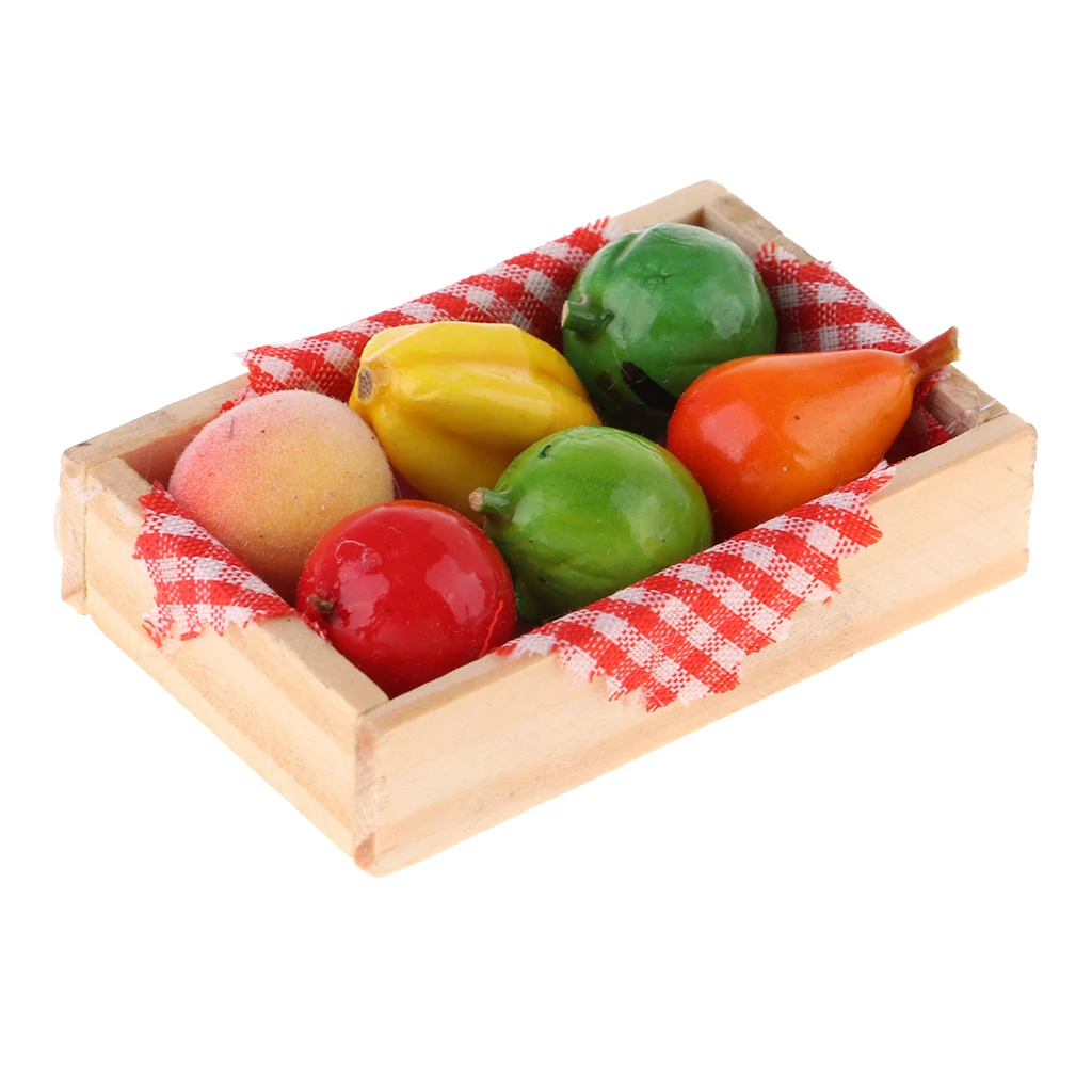 1/12 Dollhouse Miniature Dining Table Fruit Toys with Wood Storage Box Doll House Layout Accessories