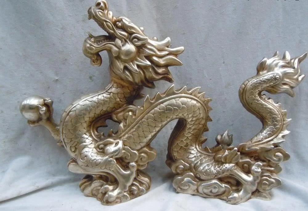 

12 "Китай серебряный резной красиво Дракон Удачи Играть бисера скульптура статуя