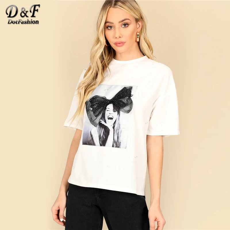 Tanie Dotfashion biały rysunek nadruk siatka łuk zdobione Top kobiety 2019 lato luźna koszulka Streetwear moda koszulka z krótkim rękawem