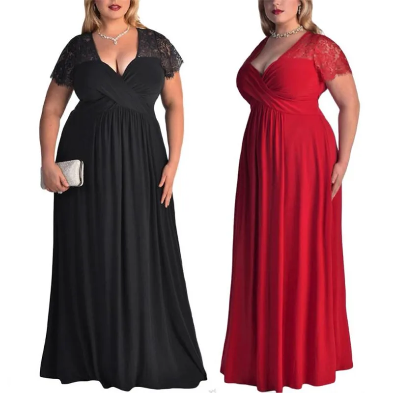 

JAYCOSIN Summer Women's Plus Size Short Sleeves High Waist Solid V-Neck Evening Gown Long Lace Summer Dress 9.4