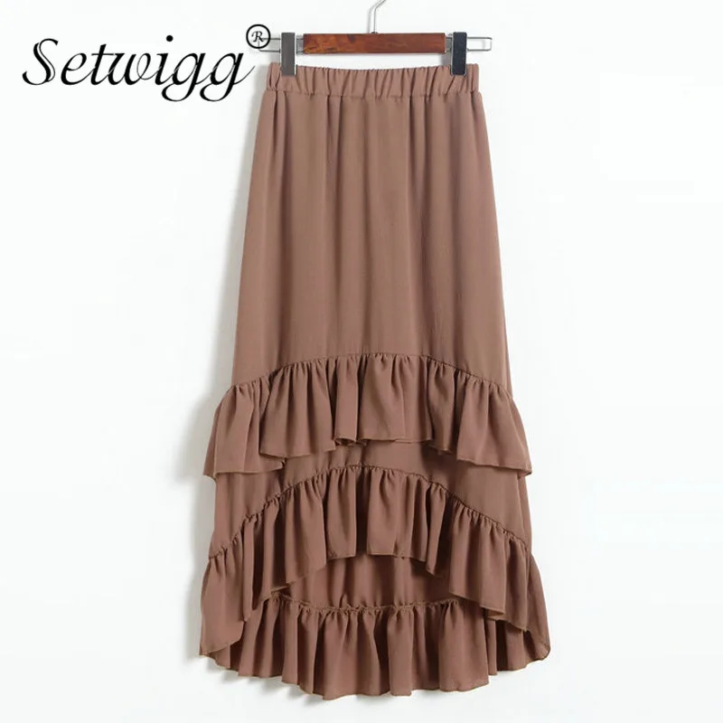 Image SETWIGG Spring Summer Chiffon Asymmetric Tiered Long Skirts Elastic Waisted High Low Flounced Hem Layered Long A line Skirts