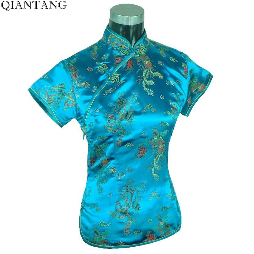 

Light Blue Fashion Chinese Women's Satin Polyester Shirt Tops Mujeres Camisa Female Blouse Dragon Phenix Size S M L XL XXL A0016