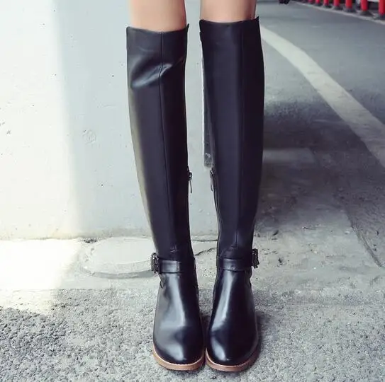 

2019 New Fashion Motorcycle Women Boots Buckle Knee High Low Heel Long Boots Genuine Leather Knee High Black Zipper Boots