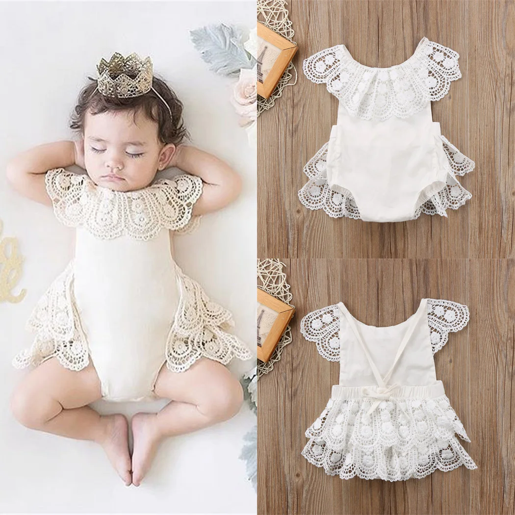 Newborn Baby Girls Romper White Lace Ruffles Princess Romper Short