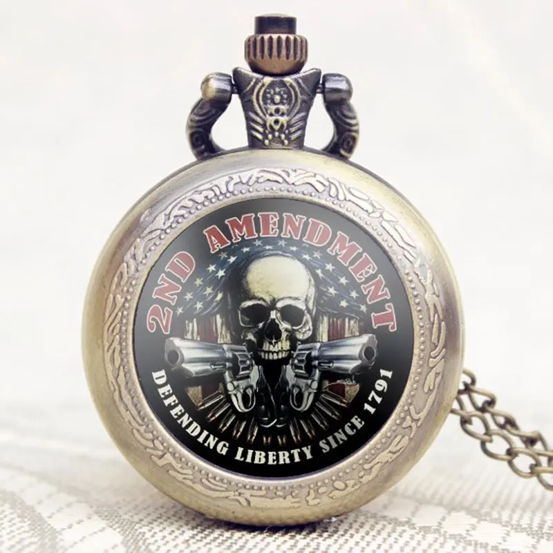 

Old Vintage 2ND AMENDMENT Theme America Flag With Skull & Gun Design Case Pocket Watch With Chain Necklace