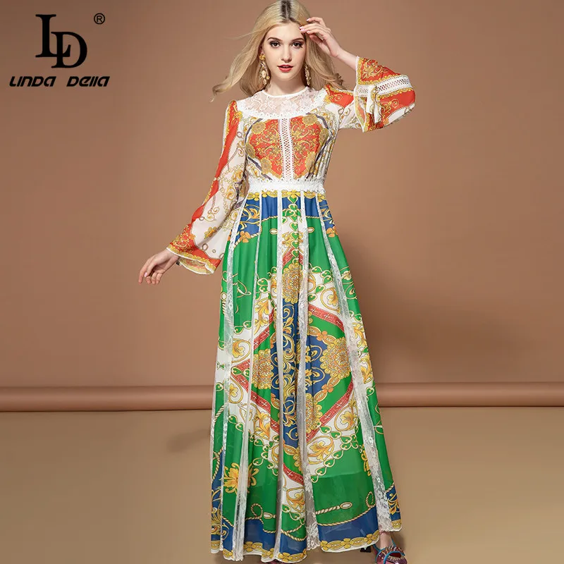 

LD LINDA DELLA Fashion Long Sleeve Maxi Dresses Women's Gorgeous Floral Print Lace Patchwork Holiday Party Vintage Long Dress