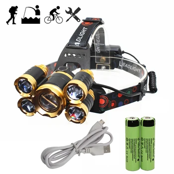 

USB Rechargeable Headlamp Zoom Headlight Zoomable Head Lamp 5 LED T6 Q5 Flashlight Lanterna + 18650 Battery + USB Charger line