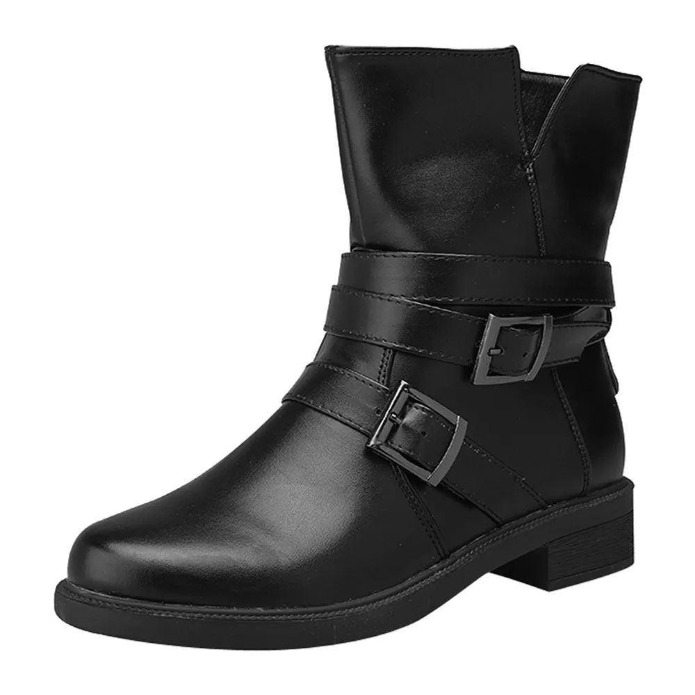 

Szyadeou Women Round Toe Flat Short Booties Buckle Strap Leather Martin Boots Shoes Ankle Boot bayan ayakkabi botines mujer 30