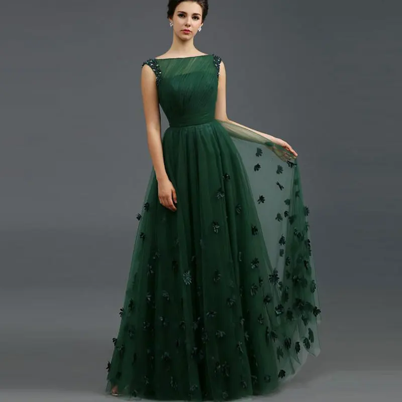 

Tanpell Stunning Evening Dress Bateau Neckline Beading Appliques Flowers Women Party Gown Floor Length A-Line Long Evening Dress