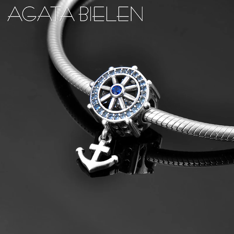 

New boat anchor shape 925 Sterling Silver clear blue CZ fine beads Fit Original Pandora Charm Bracelet Jewelry making