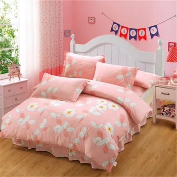 

Pink white flower printed bedding set big ruffle duvet cover handmade sheet skirt type princess rustic bedspread adult girl gift