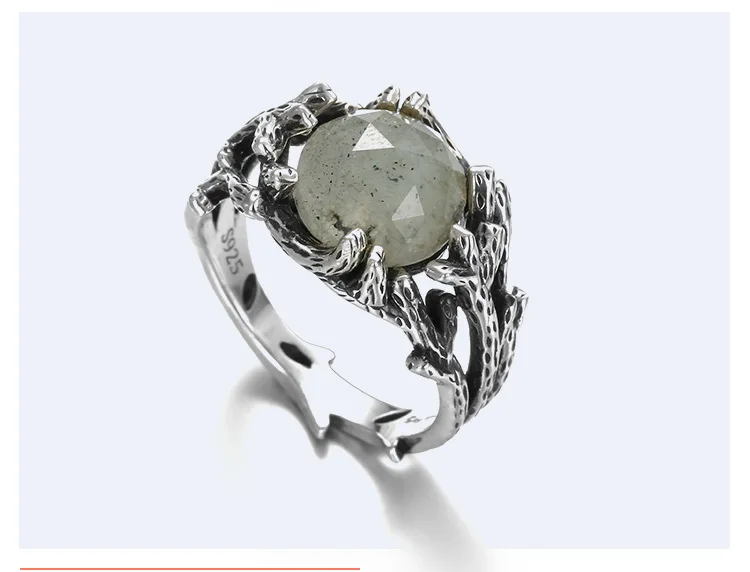 F.I.N.S античное 925 пробы Серебряное зеленое кольцо с натуральным камнем обручальное ювелирное изделие растения серебряное кольцо модное ювелирное изделие