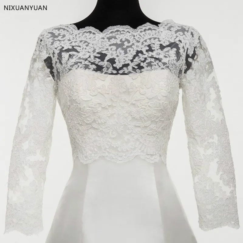 

2019 Lace Wedding Bolero Jacket White Ivory Wraps Long Sleeves Boleros for Wedding Cover Illusion Sheer Neck Applique