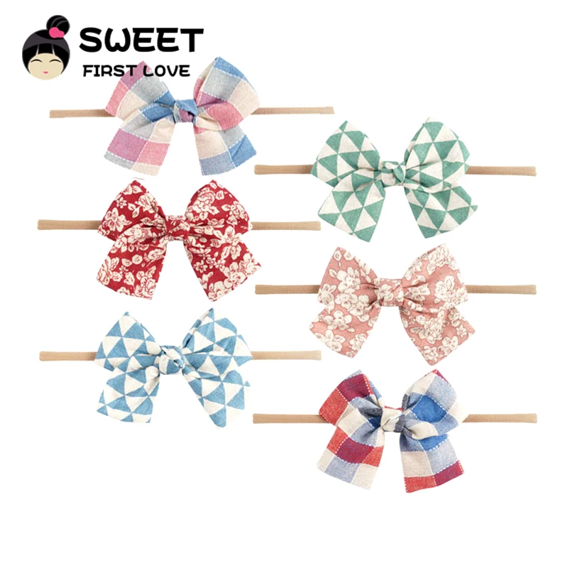 

Printed Nylon Bow Headbands Cute Flower Hair Accessories For Girls Soft Fabric Hair Bows Simple Customized Elastic Headbands