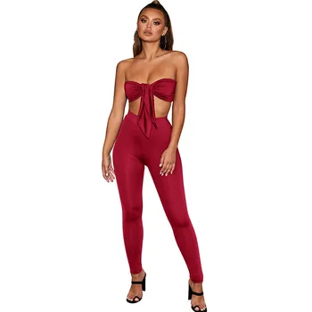 

Sexy 2 Piece Set Women Off Shoulder Bow Tie Strapless Top and Long Pants Leggings Solid Elegant Club Wear Matching Set Outfits