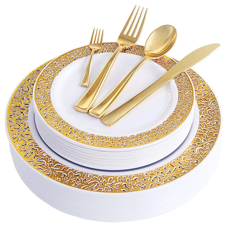 

150pcs Gold Plastic Plates with Disposable Plastic Silverware,Lace Design Wedding Party Plastic Tableware Sets for all Holidays