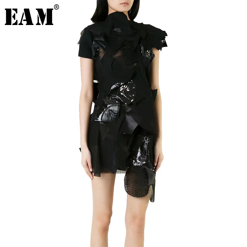 

[EAM] 2019 New Spring Summer Round Neck Short Sleeve Black Split Joint Personality LooseT-shirt Women Fashion Tide JW613