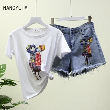 

Nancylim 2019 Summer New Cartoon Round Collar Cotton T Shirt + Woolly Denim Shorts Two Pieces Girl Lady Hot Pants Set Femme