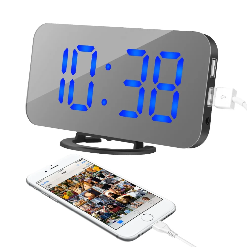 

Dual USB Port Mirror Digital LED Display Alarm Clock Power Bank Charging Snooze Function Electronic Table Clocks Home Decor