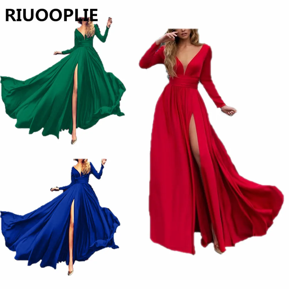 

RIUOOPLIE Women's Ladies Sexy Long Sleeve Deep V-neck High Slit Solid Color Maxi Dress