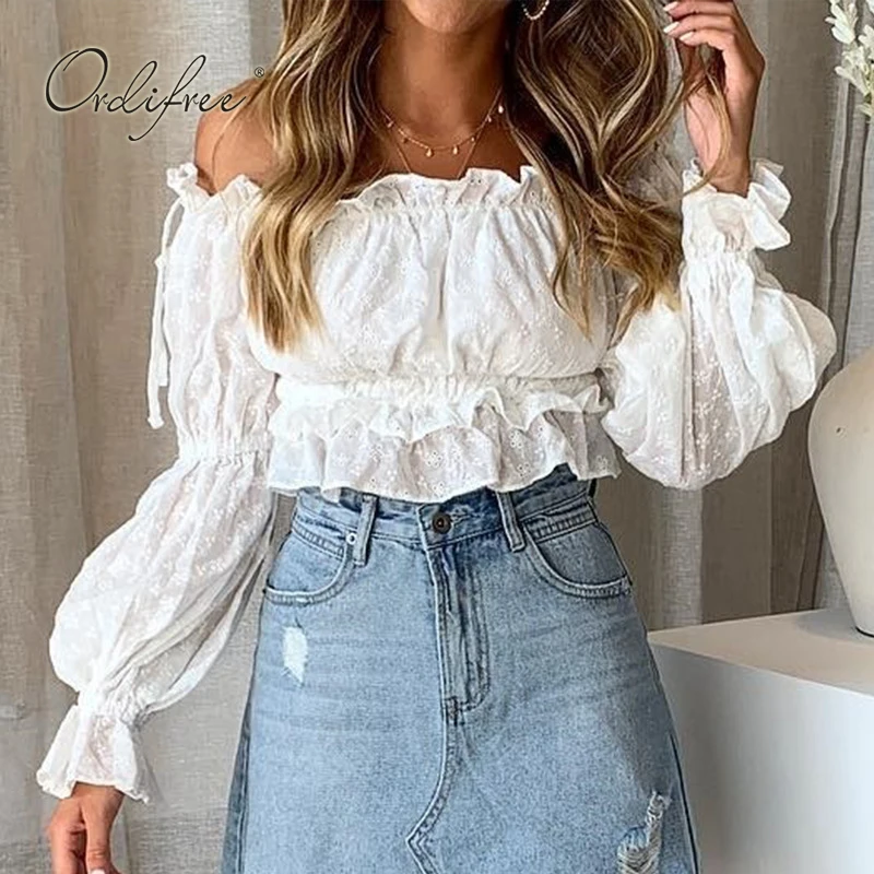 

Ordifree 2019 Summer Women Off Shoulder Blouse Top Long Sleeve White Lace Embroidery Cotton Short Blouse Shirt