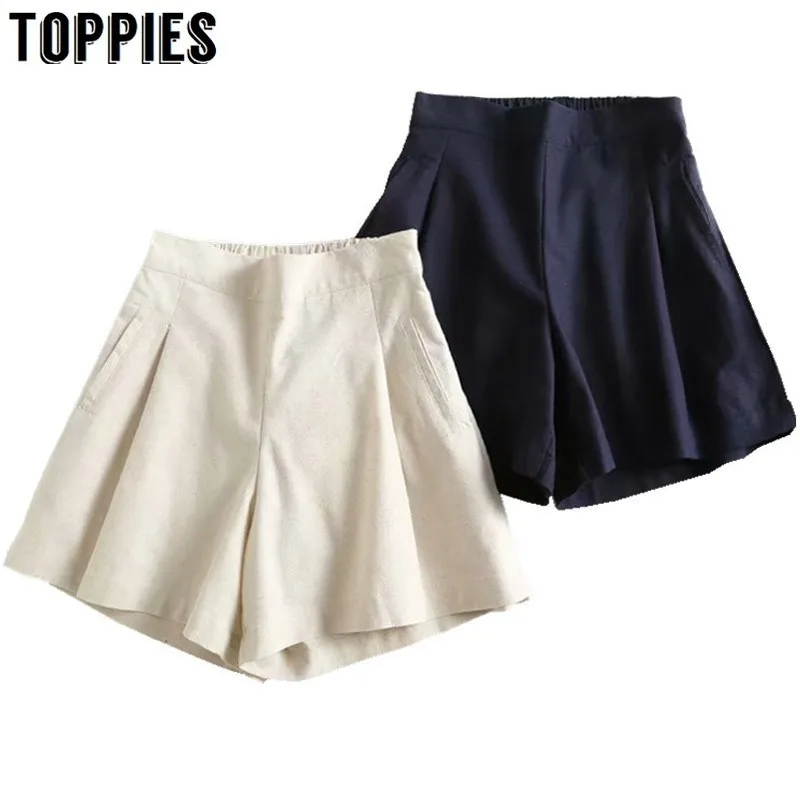 

Leisure Cotton Linen Shorts Solid Color High Waist Wide Leg Shorts Japan Style Summer Loose Short Trousers