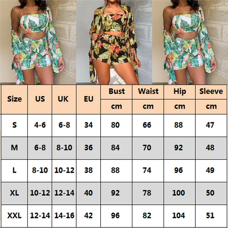 Summer New Women Boho 3Pcs Floral Print Cardigan Blouse+Crop Top+Shorts Lady Holiday Beach Three Pieces Set Casual Shorts Sets