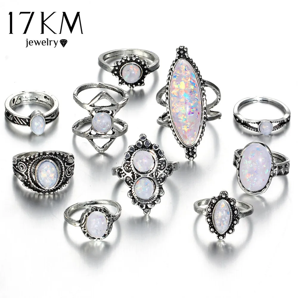 

17KM Vintage Big Natural Opal Stone Knuckle Shield Rings Set For Women Bohemian Antique Silver Color Rings Fashion Jewelry Gifts