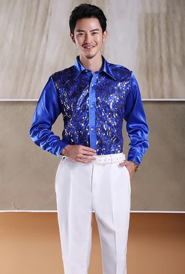 Мужская рубашка со сверкающими блестками, сценическая одежда для выступлений, танцевальная Праздничная рубашка для хора - Цвет: 5
