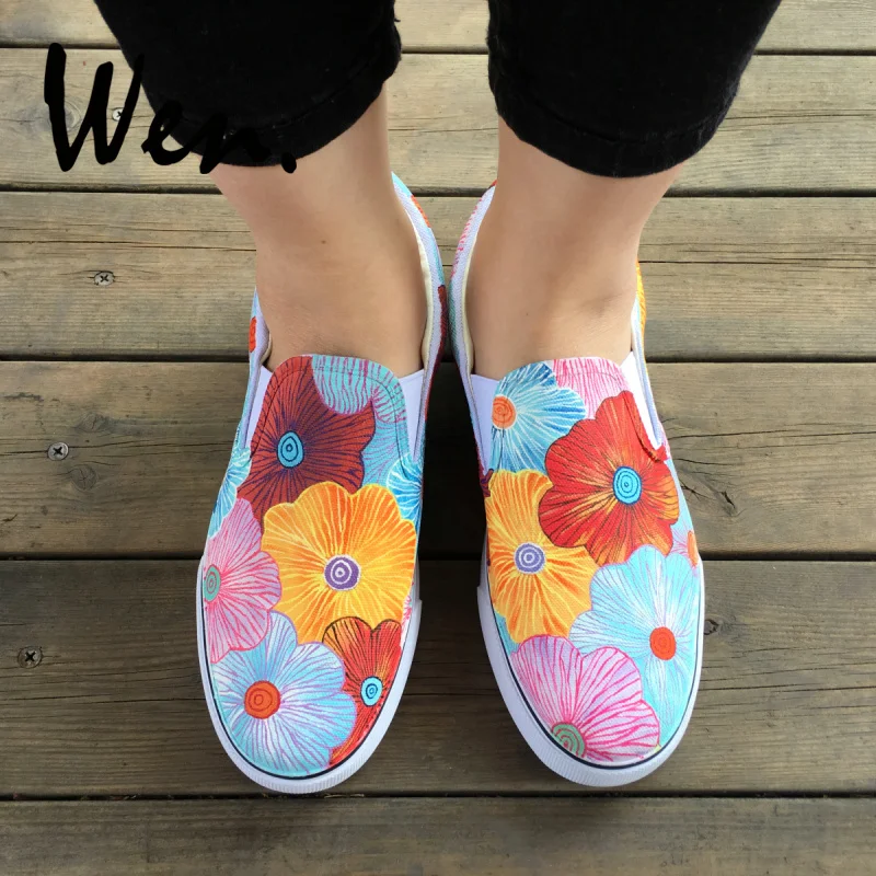 Wen Hand Painted Women Flower Shoes Low Flat Slip on Canvas Sneakers ...